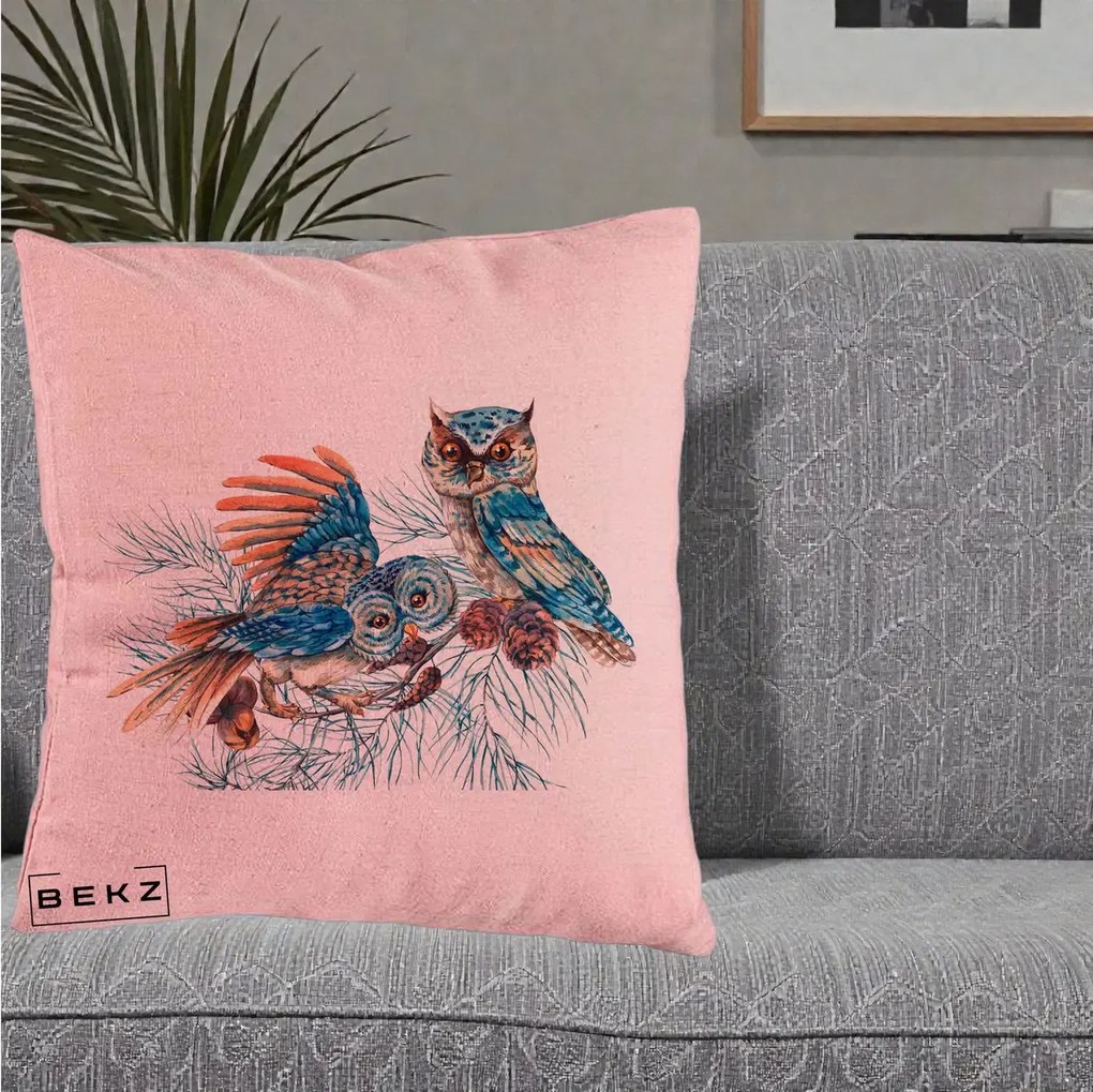 Perna Decorativa Bufnite de Iarna Albastre, 40x40 cm, Roz, Husa Detasabila, Perna Inclusa, BEKZ®