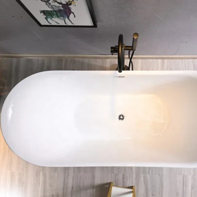 Set cada baie freestanding ovala 150 x 77 cm, Bella Foglia, plus baterie freestanding, auriu lucios