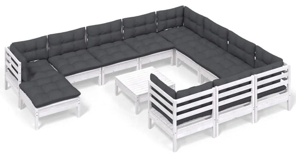 3097050 vidaXL Set mobilier grădină cu perne, 12 piese, alb, lemn de pin