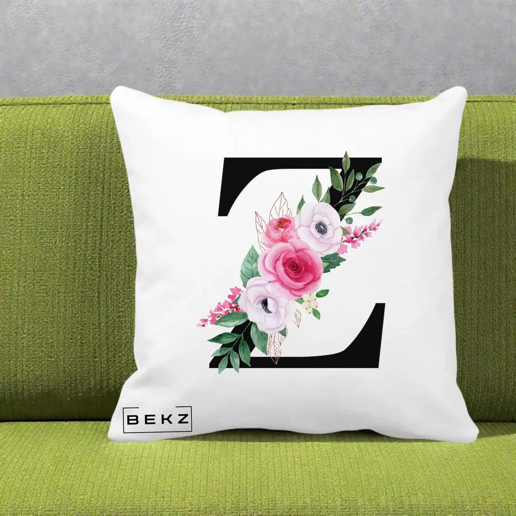Cadou Personalizat - Perna Personalizata Monograma Florala Litera Z cu Buchet, 40x40 cm, Alba Mata, Husa Detasabila, Perna Inclusa, BEKZ®