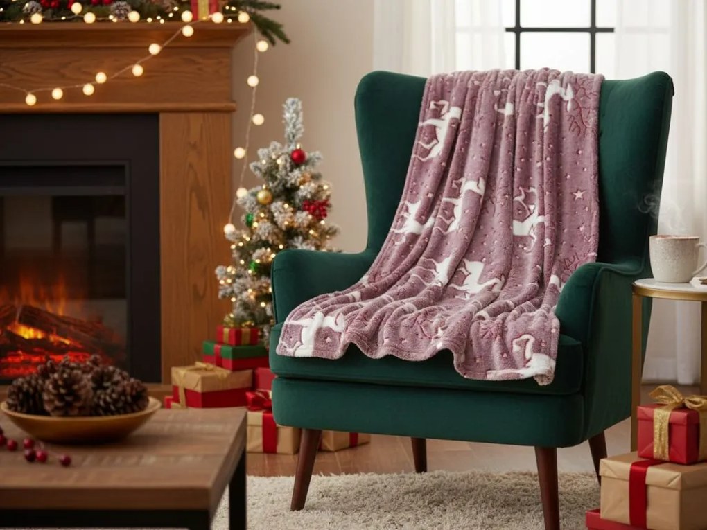 Patura din microplus luminosa STAR DEER, rosie Dimensiune: 150 x 200 cm
