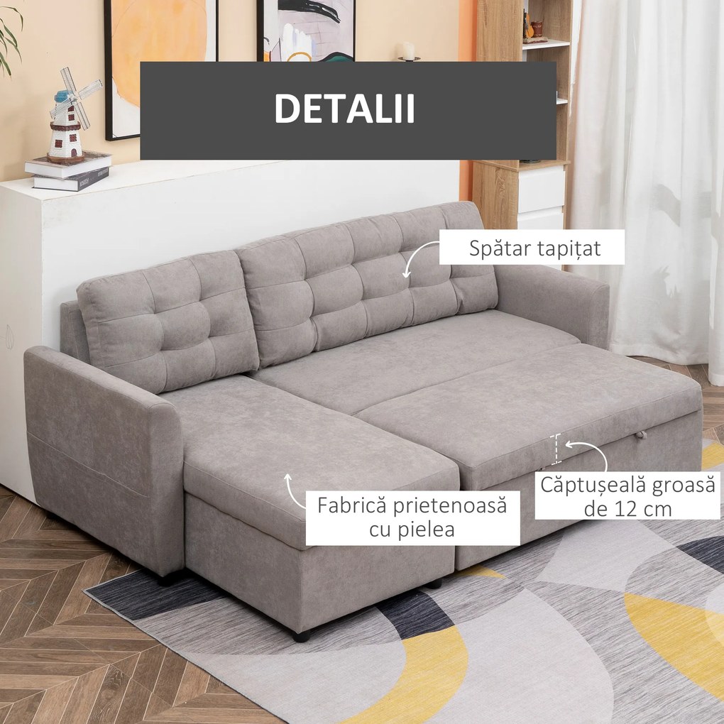 Canapea Extensibila pe Colt cu 3 Locuri si Compartiment de Depozitare, Tapiterie Efect In, Spatar cu perne 217x134x85cm, Gri HOMCOM | Aosom Romania