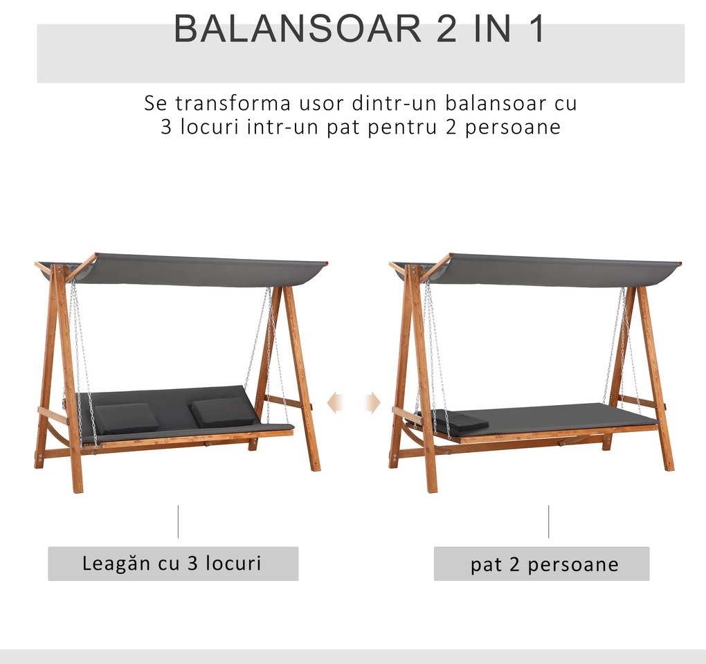 Outsunny Balansoar de Grădină pentru 3 Persoane, Design Modern cu Structură Gri și Teck, Confortabil, 225.5x113x180 cm | Aosom Romania