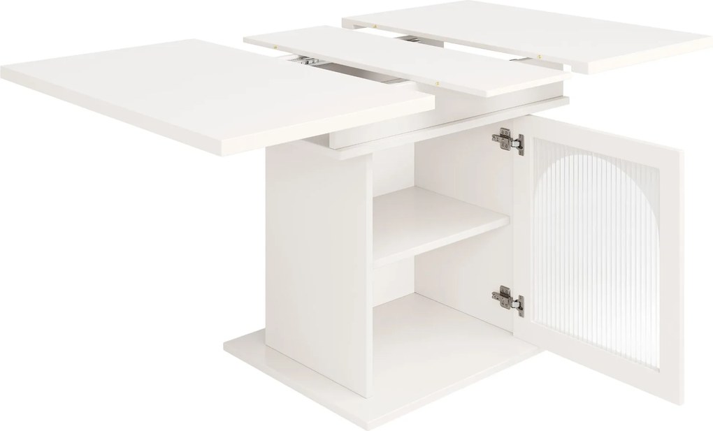 Masă de dining extensibilă cu 3 rafturi și uși din sticlă, 110-140x80x76 cm, Alb