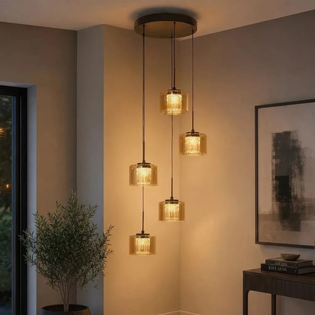 Lustra cu 5 pendule LED bronz cu sticla sampanie Tumblers