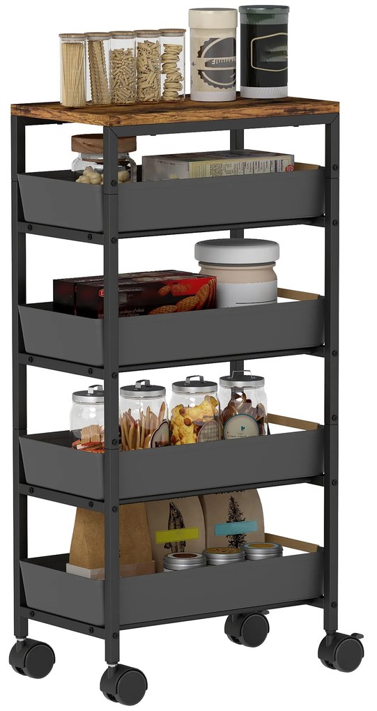 HOMCOM Carucior de Bucătărie de 5 Nivele Carucior Auxiliar cu Roți Tablou Efect Lemn Sertare Extrase 39,5x24x82 cm Negru | Aosom Romania