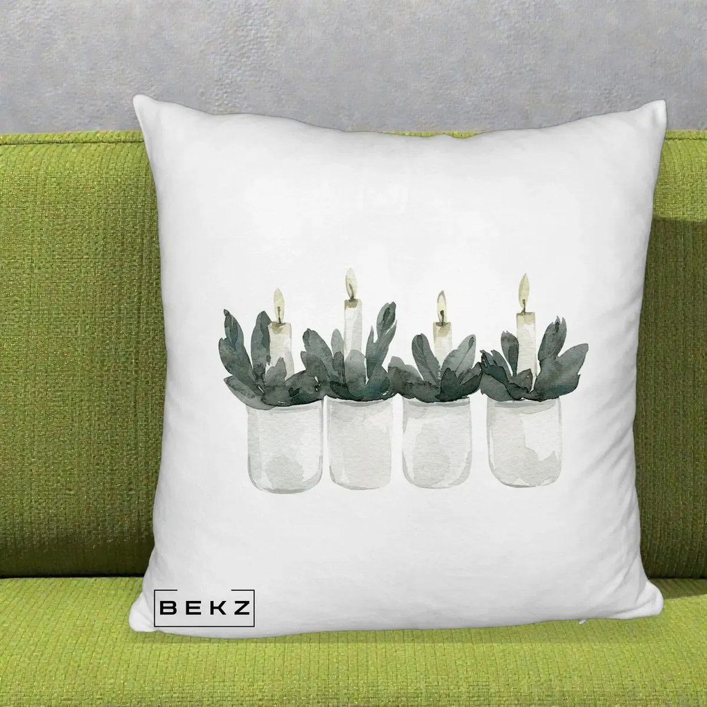 Perna Decorativa Lumanari in Borcane cu Eucalipt, 40x40 cm, Alb Pufos, Husa Detasabila, Perna Inclusa, BEKZ®