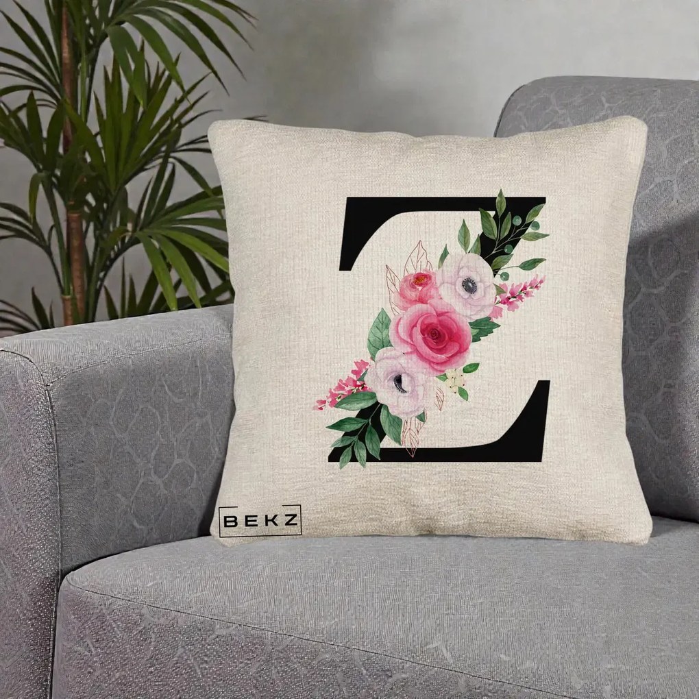 Cadou Personalizat - Perna Personalizata Monograma Florala Litera Z cu Buchet, 40x40 cm, Bej Canapea, Husa Detasabila, Perna Inclusa, BEKZ®
