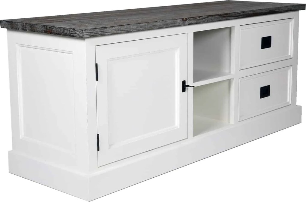 Comodă TV lemn masiv alb Lahoma 5 compartimente /Maro, 133 × 43 × 55 cm