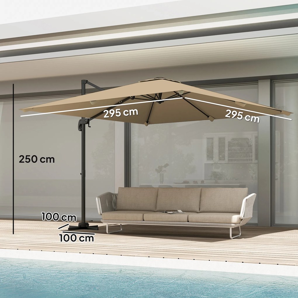 Outsunny Umbrelă cu stâlp lateral pătrată 3 x 3 m, umbrelă de grădină pentru exterior, rotire 360°, înclinabilă 5 poziții, bază în cruce, kaki | Aosom Romania