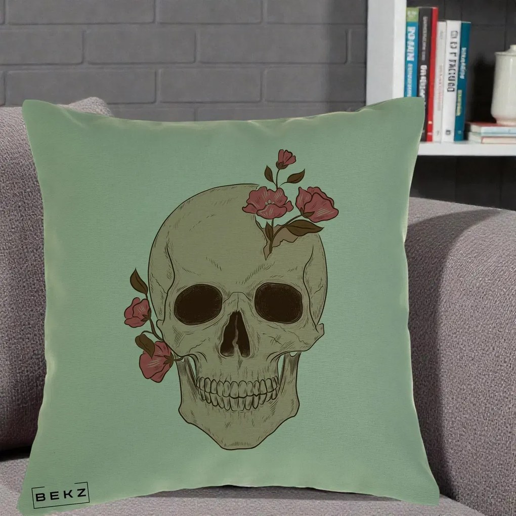 Perna Decorativa Craniu Floral Gothic, 40x40 cm, Verde, Husa Detasabila, Perna Inclusa, BEKZ®
