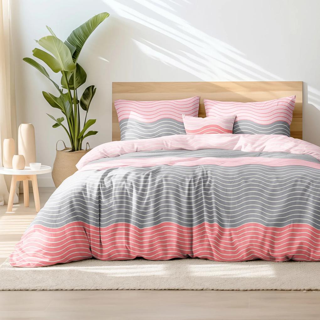 Goldea lenjerie de pat din bumbac satinat deluxe - valuri roz și gri 140 x 220 și 50 x 70 cm