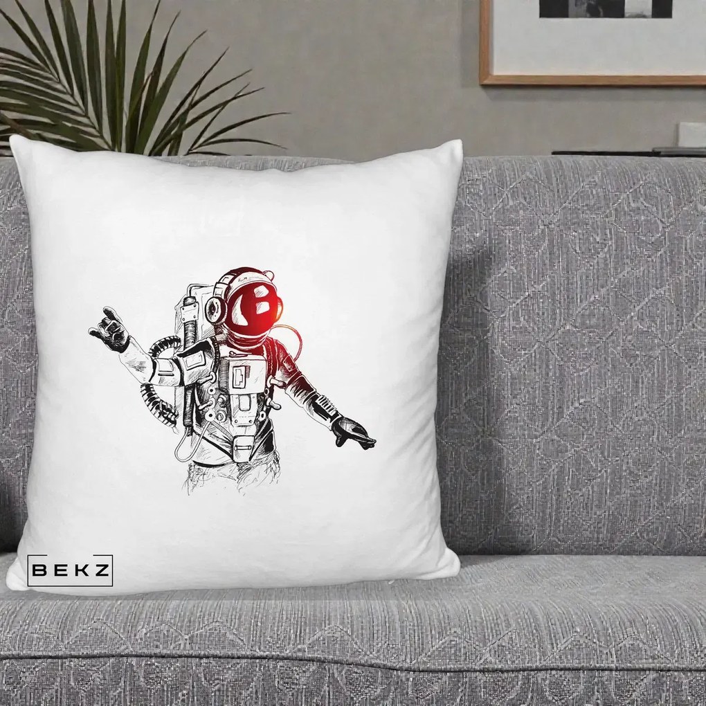 Perna Decorativa Astronaut Rock Sketching, 40x40 cm, Alb Pufos, Husa Detasabila, Perna Inclusa, BEKZ®