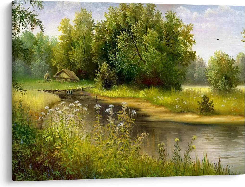 Tablou - Râu lângă pădure, pictură în ulei (70x50 cm)