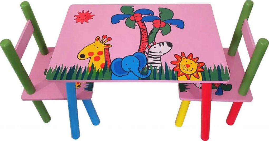 Masuta copii din MDF cu doua scaune Novokids™ My first table, dimensiuni 59X39X40, Suprafata lucioasa, Roz cu Animalute