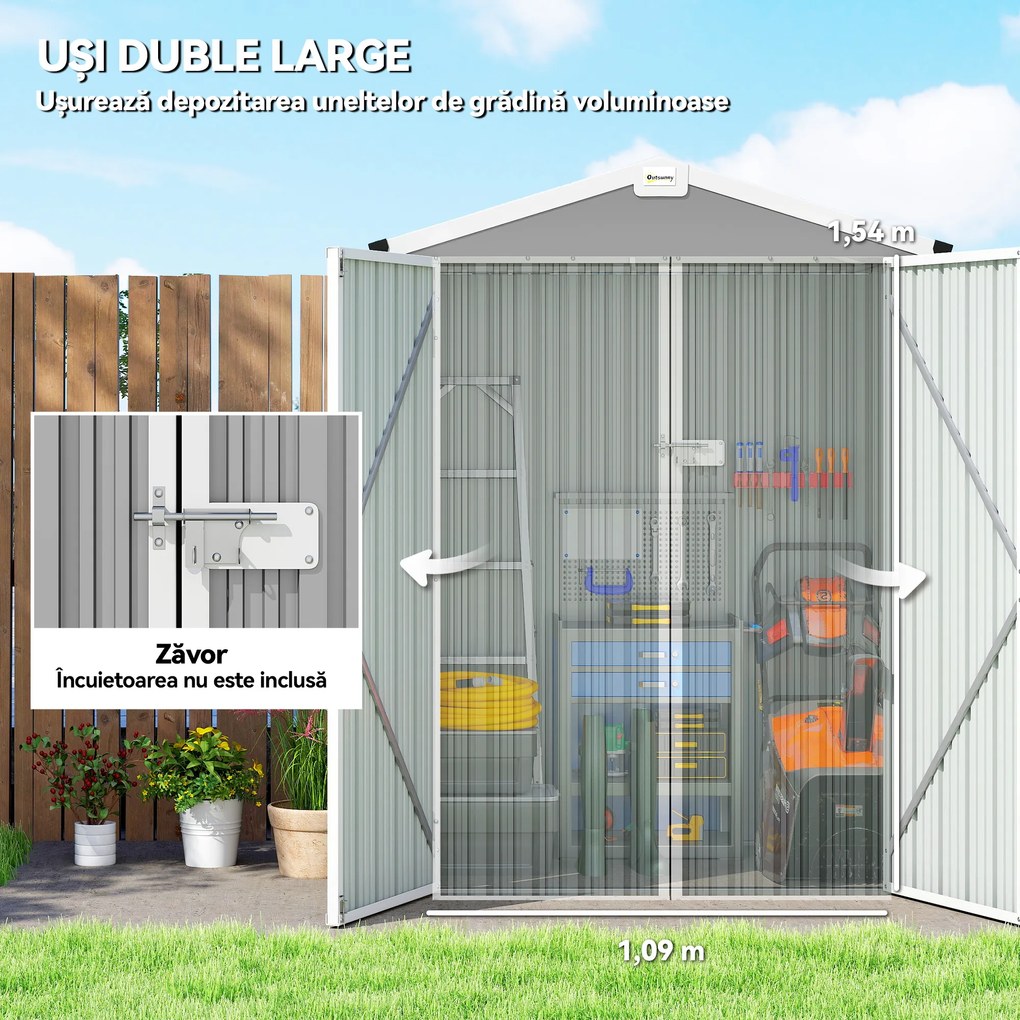 Outsunny Magazie de Grădină 1.1m² din Oțel Zincat, Magazie cu Porți Duble Largi Blocabile, Acoperiș Înclinat, Mănuși, Spațiu pentru Unelte, 133x87x178 cm, Gri Argintiu | Aosom Romania
