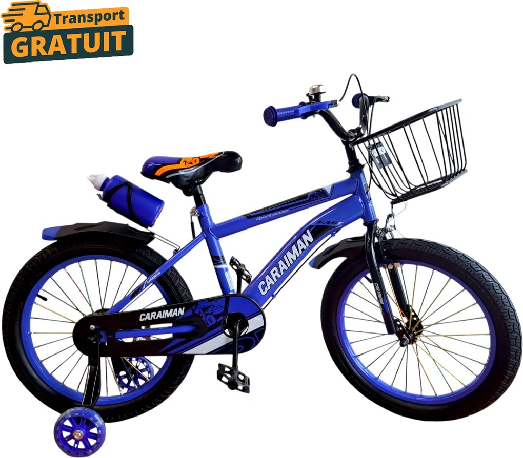 Bicicleta copii Caraiman 16 18 inch, roti ajutatoare, cos fata si bidon apa, albastru