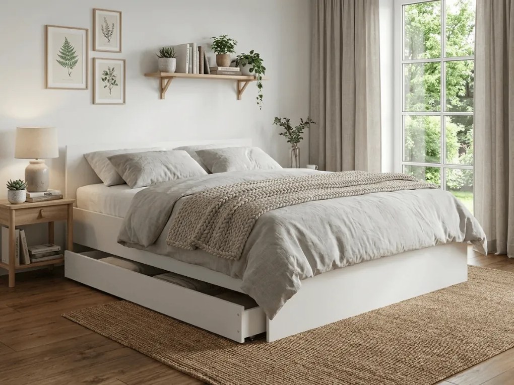 Pat ELISA 180 x 200 cm, albă Saltele: Cu saltele Deluxe 10 cm, Somiera pat: Cu lamele curbate