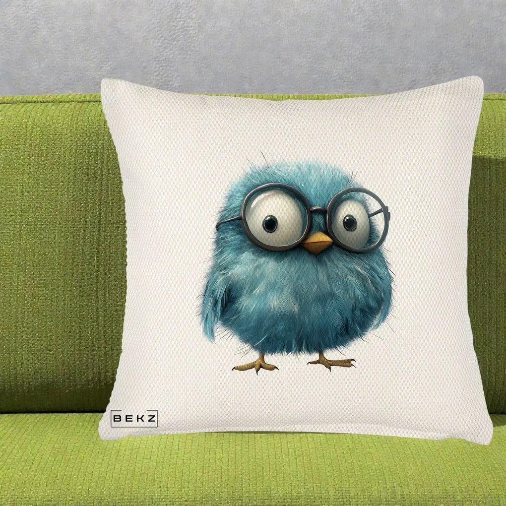 Perna Decorativa Pui Pufos Teal cu Ochelari, 40x40 cm, Crem Reliefat, Husa Detasabila, Perna Inclusa, BEKZ®
