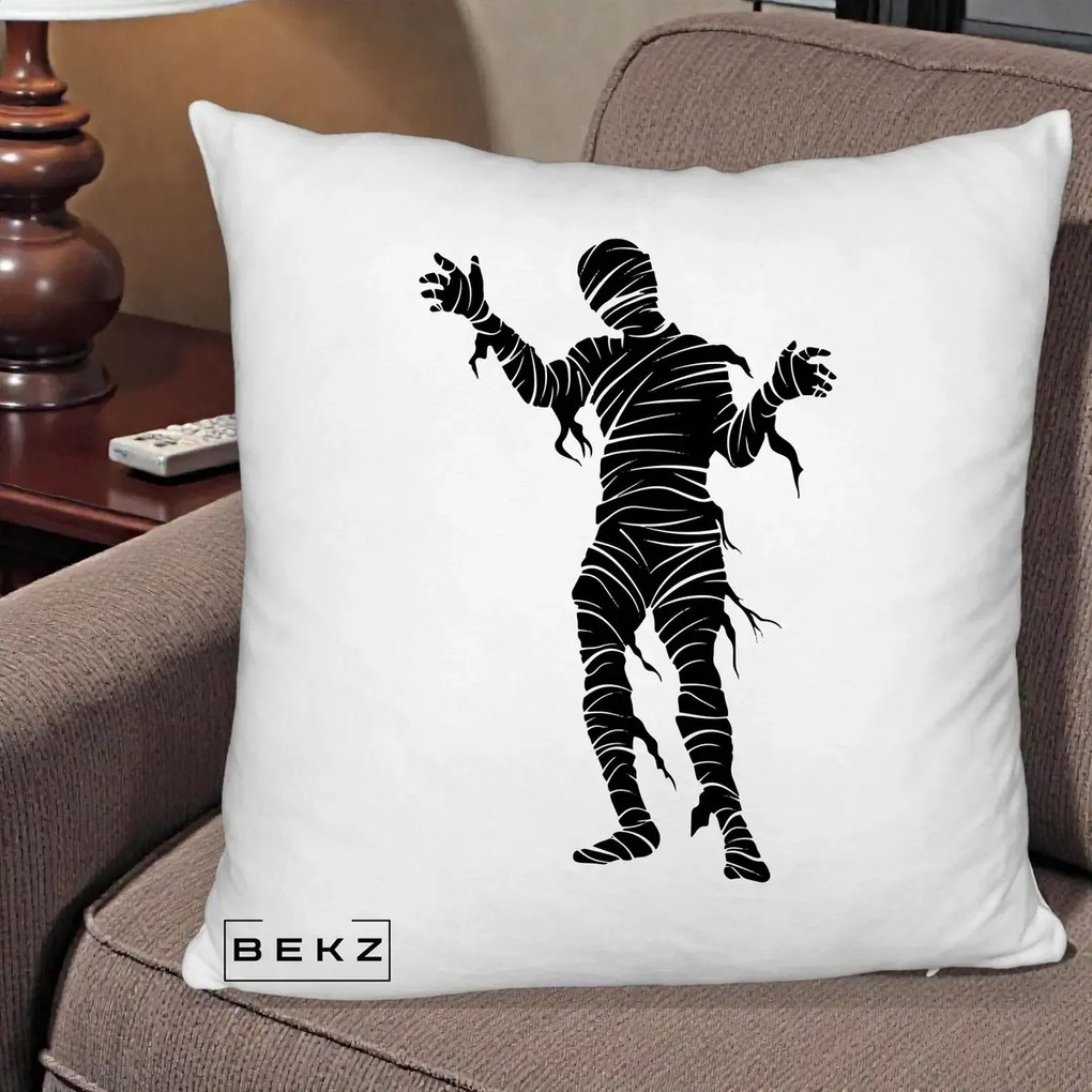 Perna Decorativa Mormii Infricosat Silueta Neagra Halloween, 40x40 cm, Alb Pufos, Husa Detasabila, Perna Inclusa, BEKZ®
