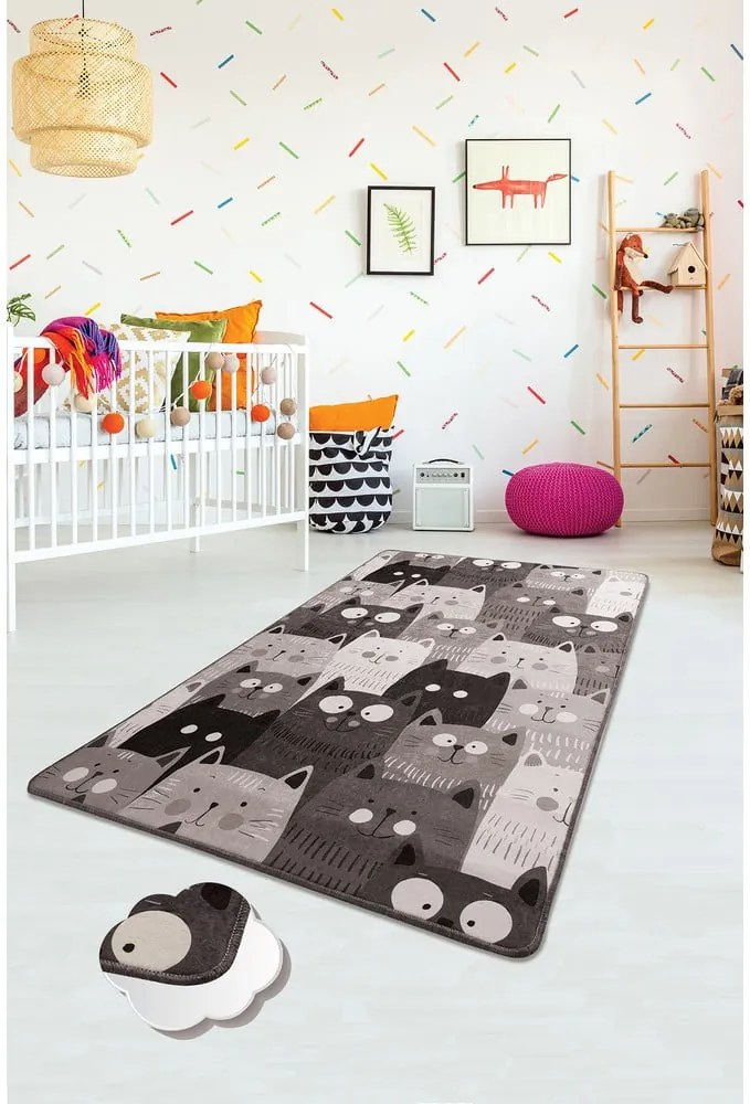 Covor antiderapant pentru copii Conceptum Hypnose Cats, 140 x 190 cm, gri