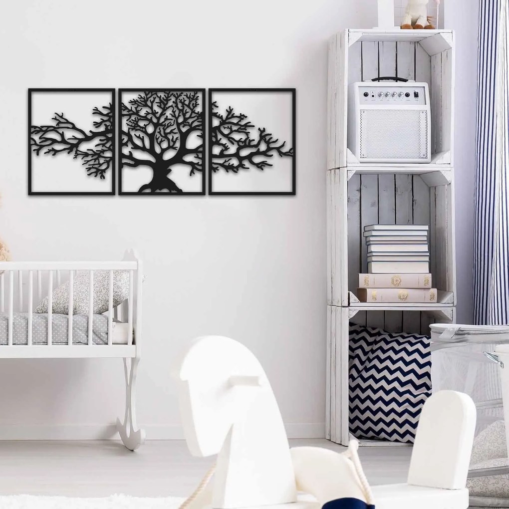 Decoratiune de perete Copacul Vietii, Metal, Negru, 3 Piese 120 x 49 cm