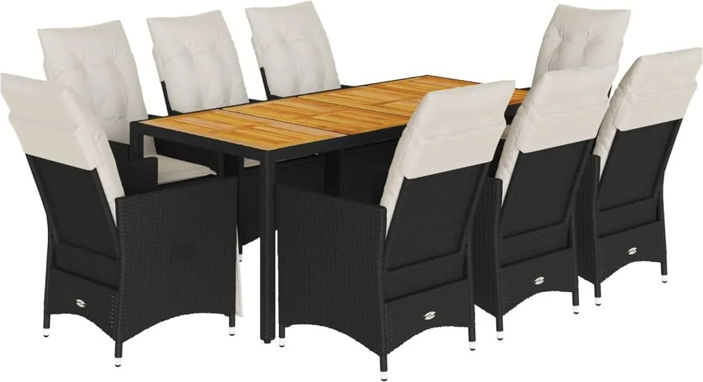 vidaXL Set mobilier de grădină cu perne, 9 piese, negru, poliratan
