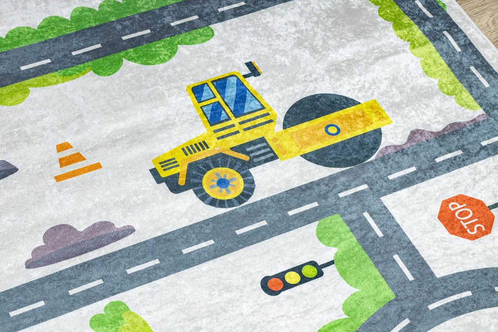BAMBINO 2338 covor lavabil Excavator, străzi pentru copii anti-alunecare - alb / verde