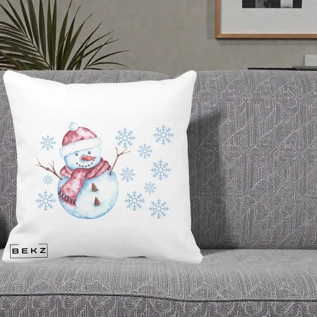 Perna Decorativa Om de Zapada Rosu cu Fulgi, 40x40 cm, Alba Mata, Husa Detasabila, Perna Inclusa, BEKZ®