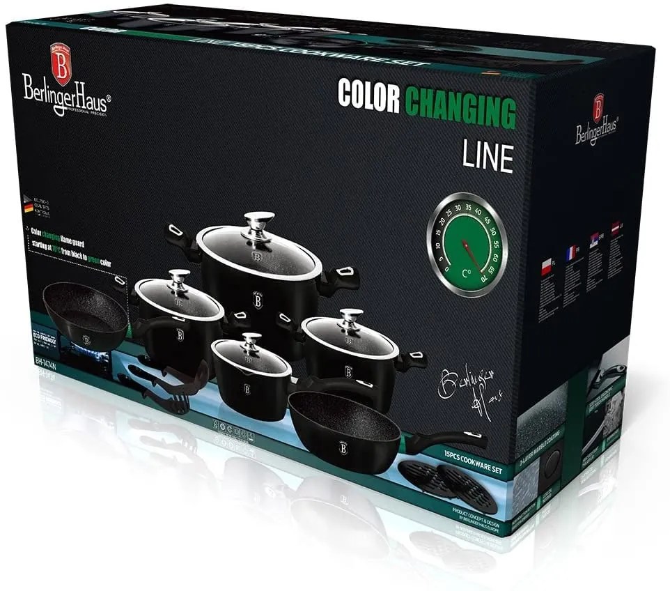 Set oale si tigai marmorate 15 piese, cu capace, antiaderente, cu ustensile de bucatarie, Flameguard Line Berlinger Haus BH 1474N