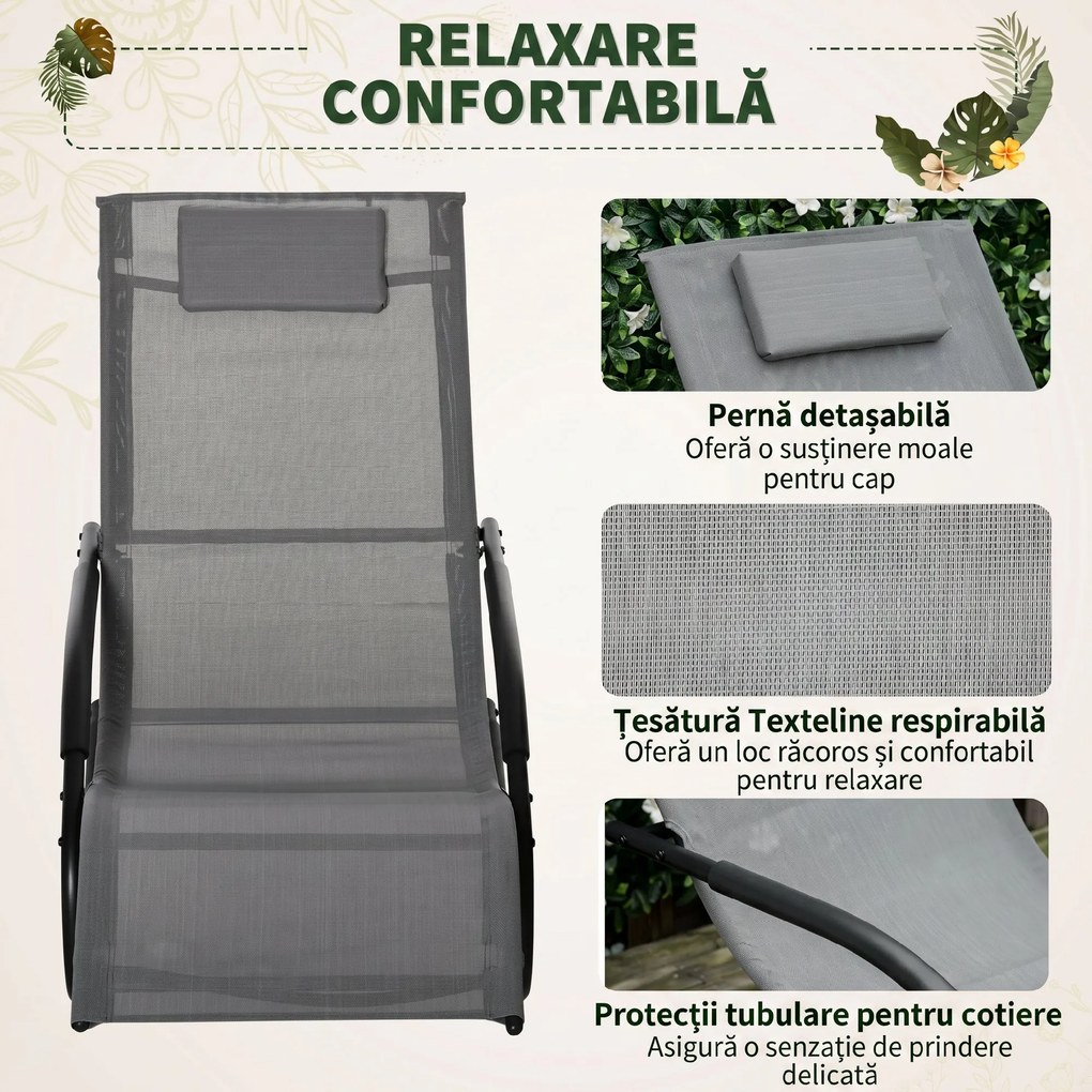Outsunny Sezlong Balansoar Gravitație Zero, Design Ergonomic, Cadru Metalic și Pernă din Textilen, Relaxare Optimă, Gri | Aosom Romania