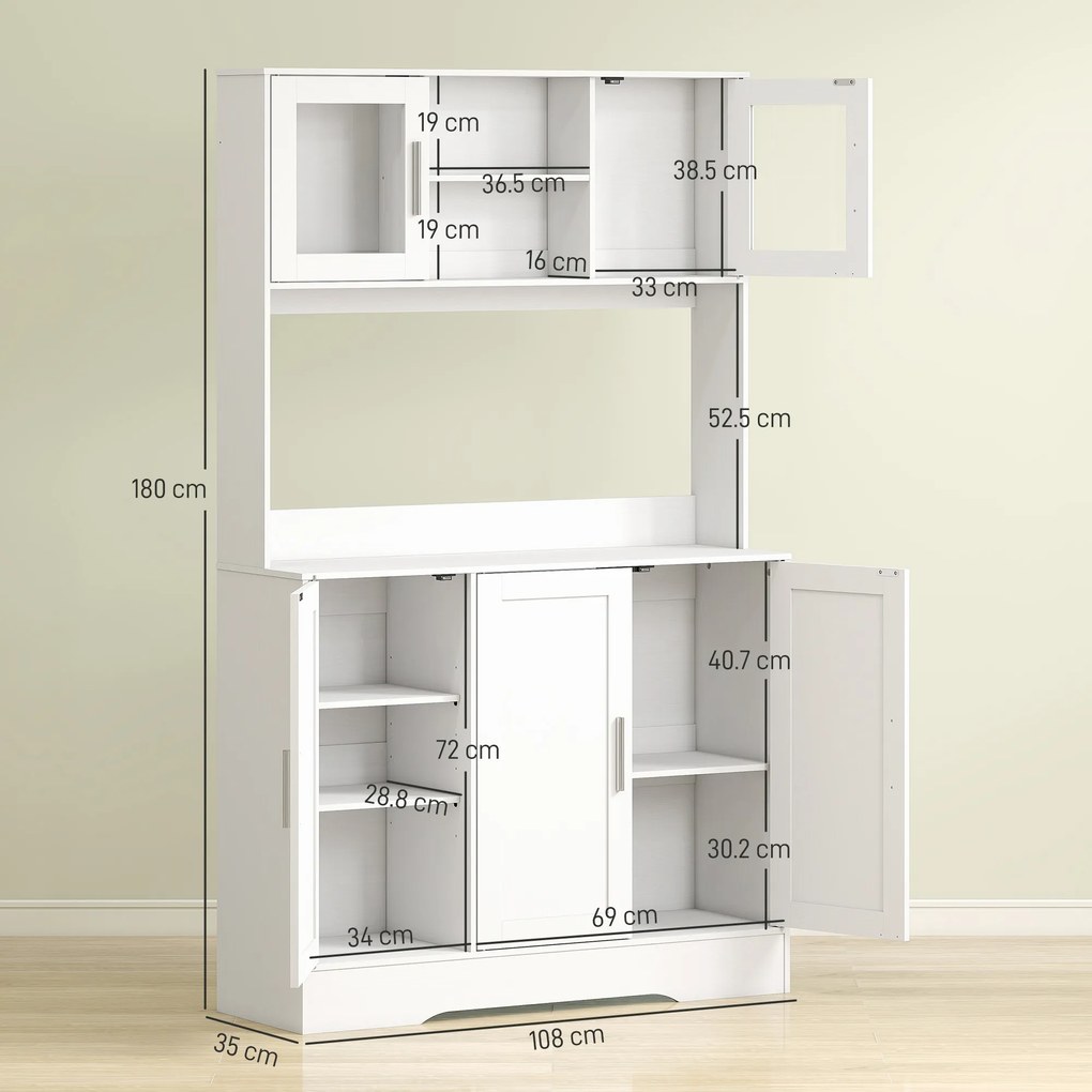 HOMCOM Dulap Bucătărie de 180cm, Dulap Înalt cu 4 Compartimente, Uși din Sticlă Securizată, 2 Rafturi Deschise, Rafturi Reglabile, Blat pentru Electrocasnice, pentru Bucătărie sau Living, Alb | Aosom Romania