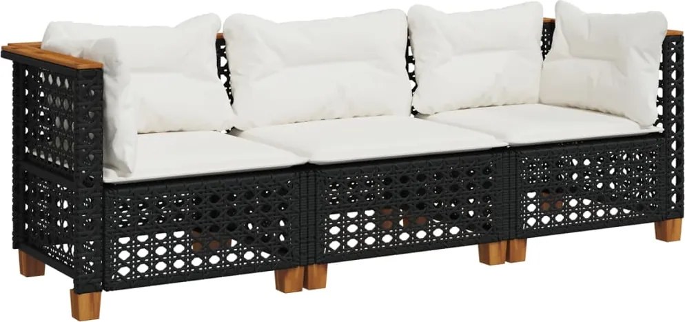 vidaXL Canapea de grădină cu perne, 3 locuri, negru, poliratan
