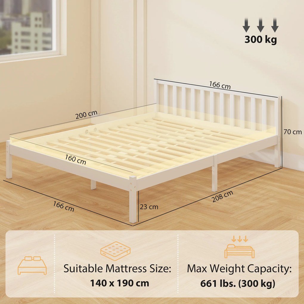 HOMCOM Cadru de pat din lemn masiv 160x200 cm Pat simplu cu tăblie și somier cu lamele, solid, pentru copii și adulți | Aosom Romania