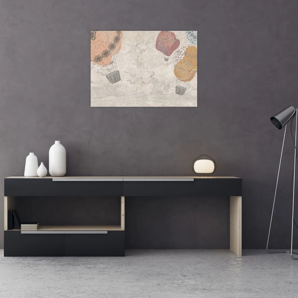 Tablou pe sticlă - Baloane deasupra orașului, nuanțe reci (70x50 cm)