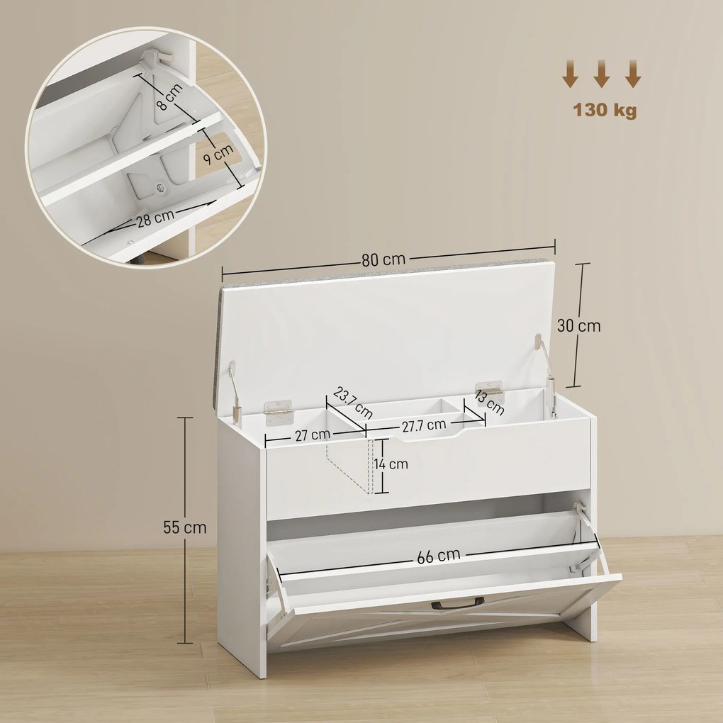 HOMCOM Bancă Pantofar de Intrare, Pantofar cu Săriță Capitonată Lavabilă, Antă Rabatabilă, Compartiment cu Închidere Lentă, Rafturi Reglabile, pentru 8 Perechi de Pantofi, Hol Coridor Cameră, Alb | Aosom Romania