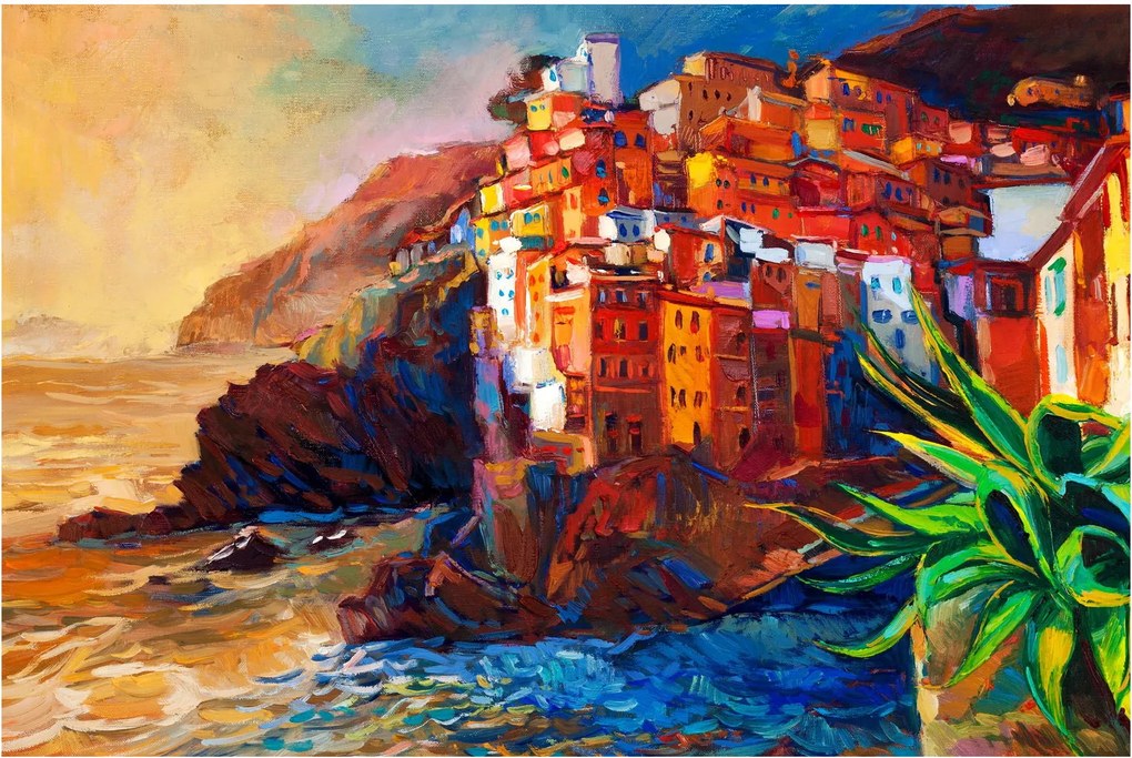 Tablou - Satul de coastă Cinque Terre, Riviera italiană, impresionismul modern (90x60 cm)