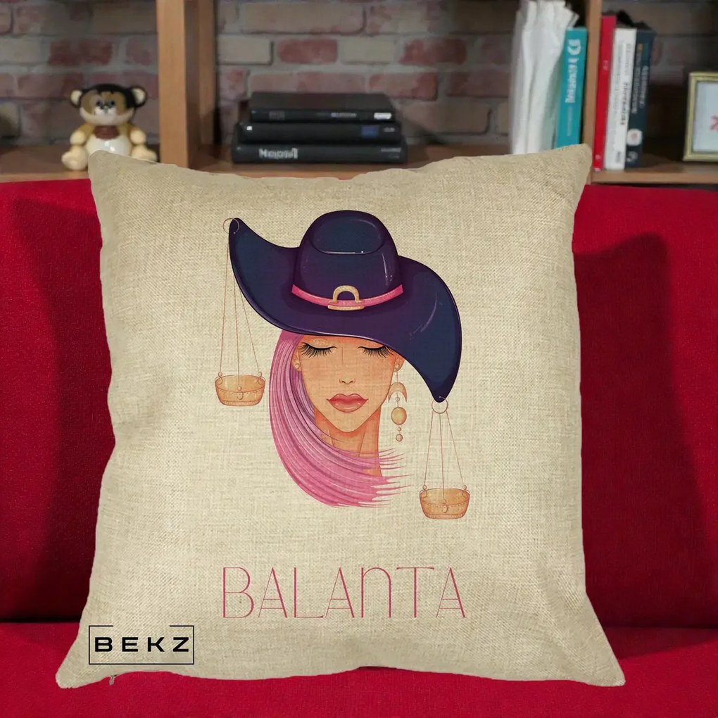 Perna Personalizata Zodiac Balanta Cowgirl, 40x40 cm, Crem, Husa Detasabila, Perna Inclusa, BEKZ®