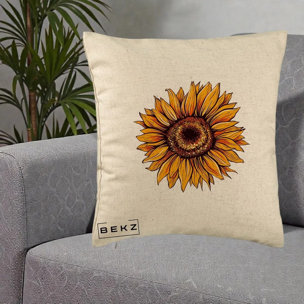 Perna Decorativa Floarea Soarelui Vibranta, 40x40 cm, Bej, Husa Detasabila, Perna Inclusa, BEKZ®