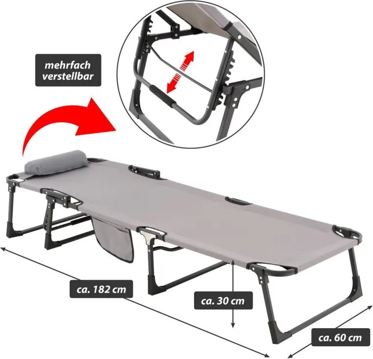 Șezlong pliabil, gri, poliester, 182 x 60 x 30 cm