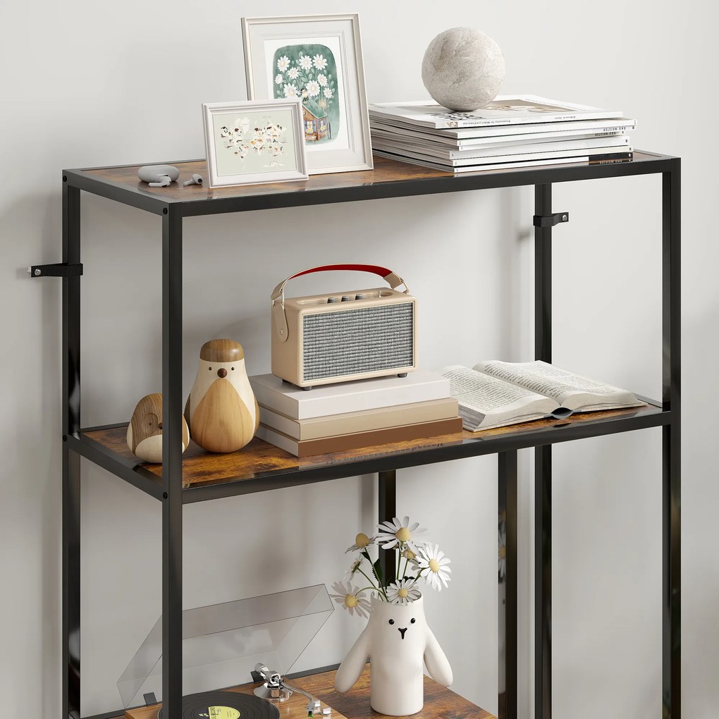 HOMCOM Bibliotecă cu 4 Rafturi, Stil Industrial, Lemn și Metal, 77x30x116cm, Maro | Aosom Romania