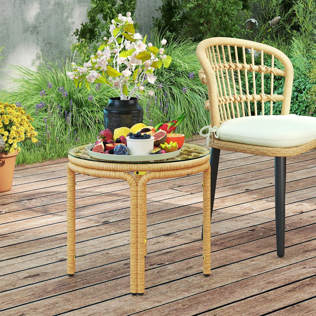 Outsunny Măsuță de Grădină din Ratan și Sticlă Stil Boho Ø50x44 cm Galben | Aosom Romania
