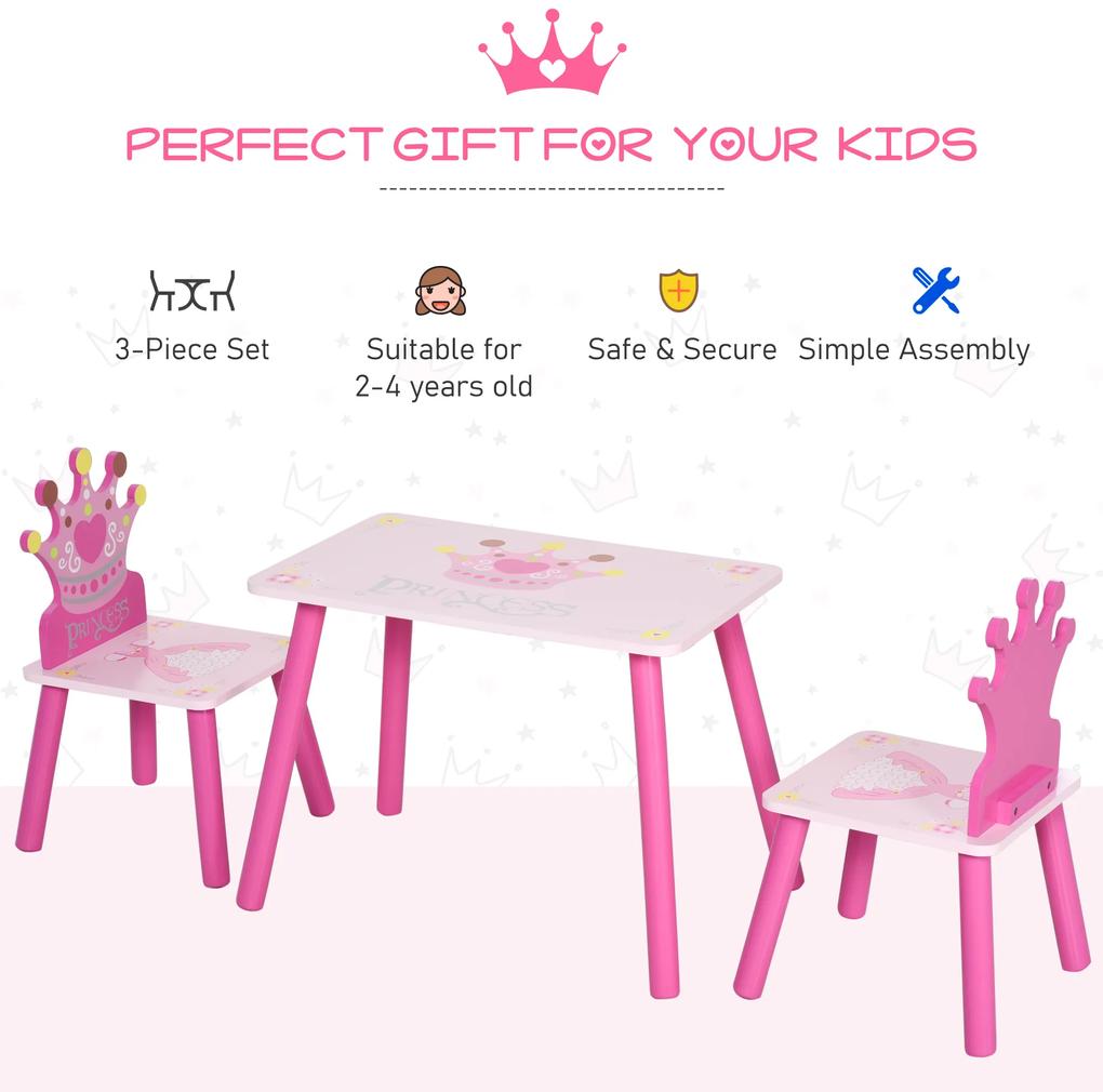 Masuta copii cu 2 scaune pentru copii 3-8 ani, lemn de pin, MDF, roz HOMCOM | Aosom RO