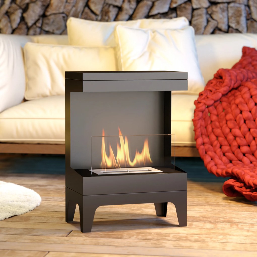 HOMCOM Șemineu pe Bioetanol cu Arzător 0,9L pentru Durată 3,3 Ore, Bioșemineu din Oțel și Sticlă, 38x22x54 cm, Negru | Aosom Romania