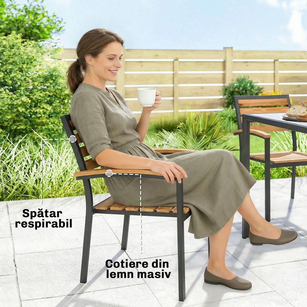 Outsunny Set de 2 Scaune Empilabile de Exterior din Lemn cu Finisaj Natural | Aosom Romania