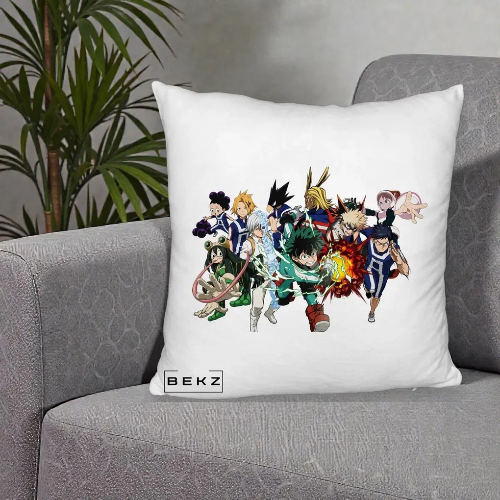 Perna Personalizata My Hero Academia Clasa 1-A Complet, 40x40 cm, Alb Pufos, Husa Detasabila, Perna Inclusa, BEKZ®