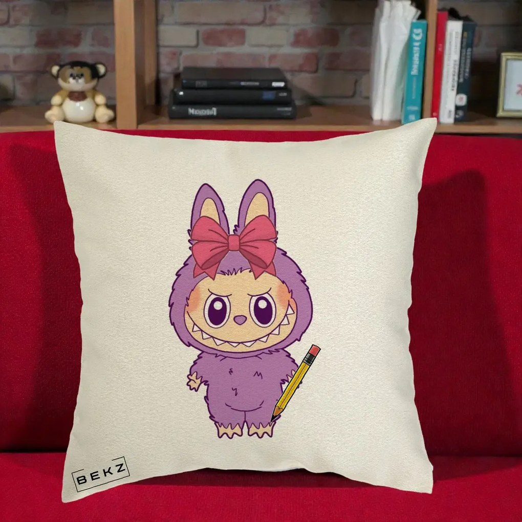 Perna Personalizata Labubu Mov cu Funda Rosie si Creion, 40x40 cm, Ecru, Husa Detasabila, Perna Inclusa, BEKZ®