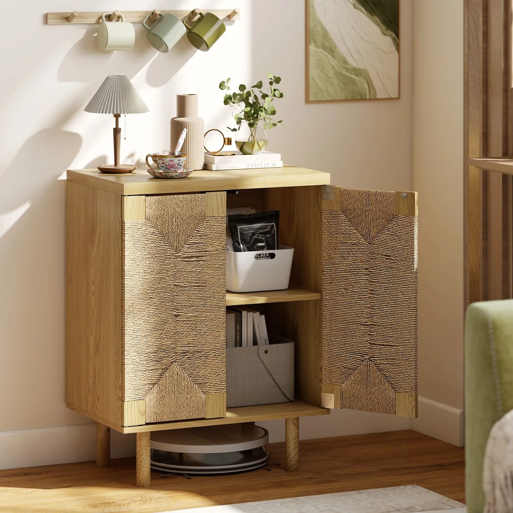 HOMCOM Bufet boem cu 2 uși cu sfoară împletită manual, raft reglabil, deschidere prin apăsare, stejar, 60x40x78 cm | Aosom Romania