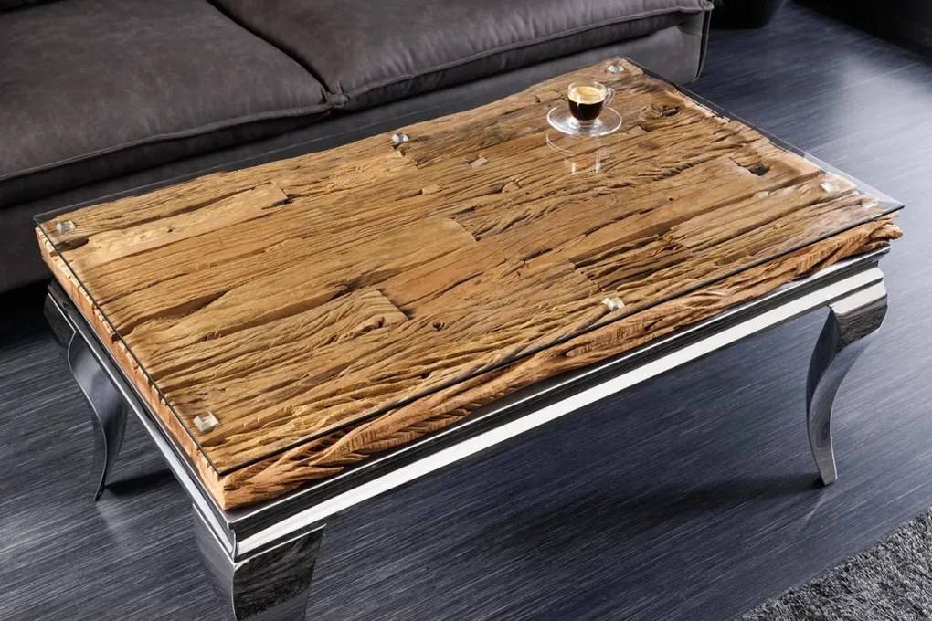 Masuta de cafea, Lemn de Tec, Sticla, Otel Crom, MODERN BAROCK BARRACUDA 100cm