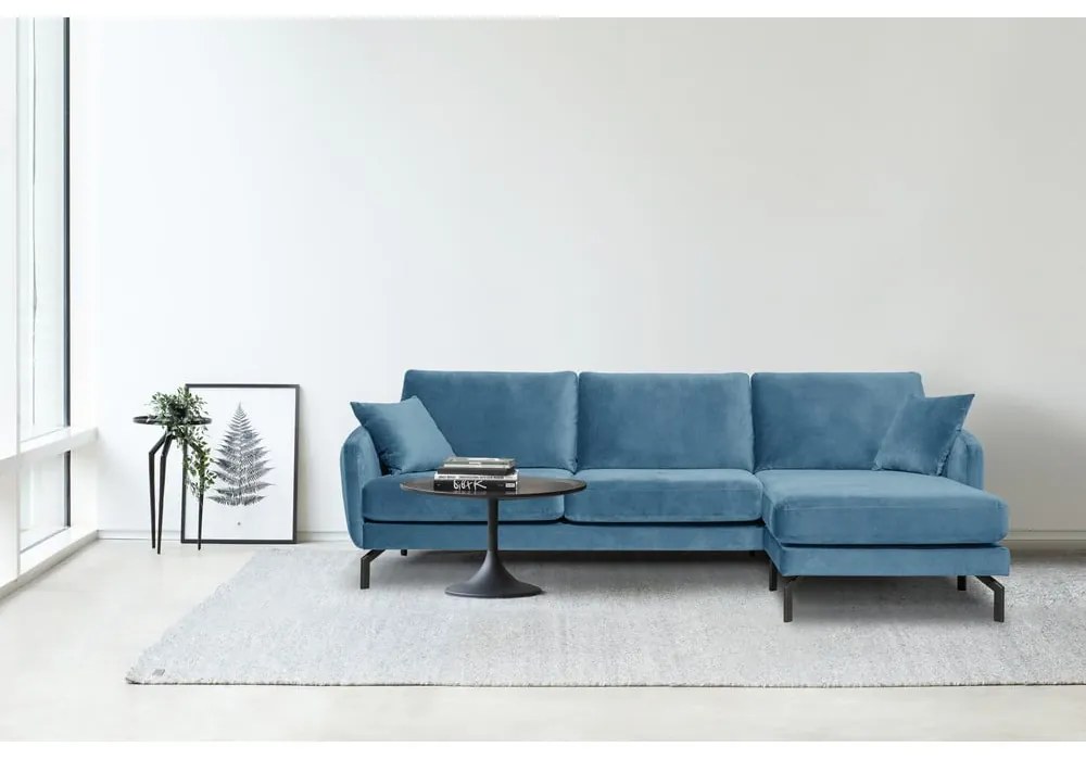 Colțar albastru din catifea (cu șezlong pe partea dreaptă) Magic - Scandic